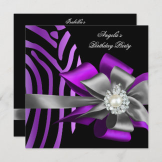 Zebra Lila Black Silver Bow Pearl Geburtstag 2 Einladung