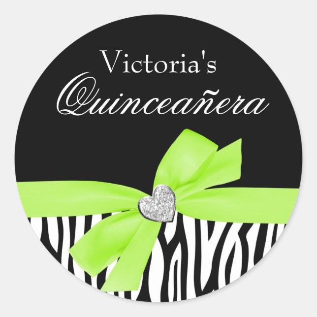 Zebra Lime Green Bow Diamond Quinceanera Runder Aufkleber (Vorderseite)