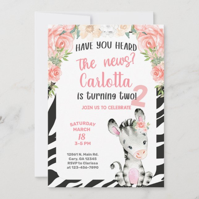 Zebra Mädchen 2., zweite Geburtstagseinladung. Einladung (Vorderseite)