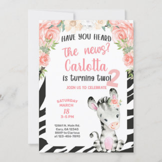 Zebra Mädchen 2., zweite Geburtstagseinladung. Einladung