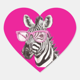 Zebra mit rosa Brille dunkelrosa Hintergrund Herz-Aufkleber