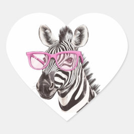 Zebra mit rosa Brille Herz-Aufkleber