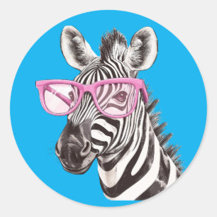 Zebra mit rosa Brillenaufkleber D. Blue Background Runder Aufkleber