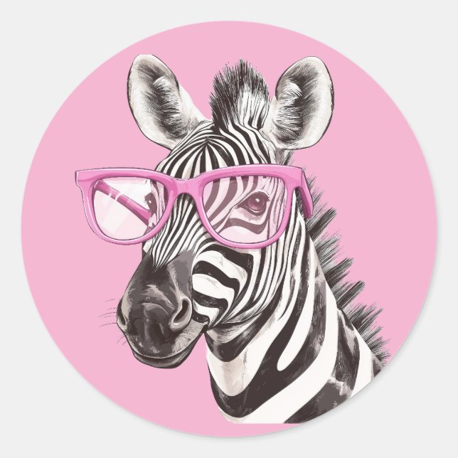 Zebra mit rosa Brillenaufkleber Light Pink BG Runder Aufkleber (Vorderseite)