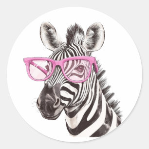 Zebra mit rosa Brillenaufkleber Runder Aufkleber