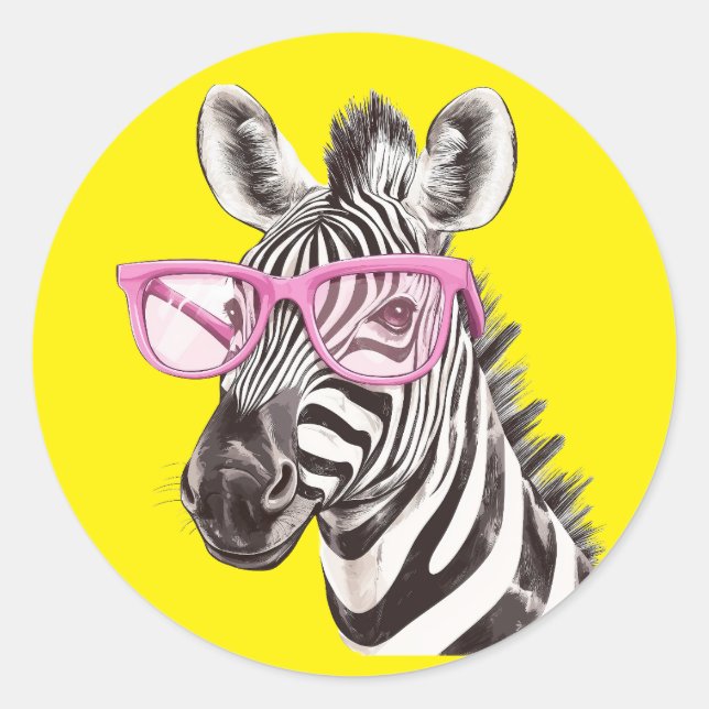 Zebra mit rosafarbener Brille Gelber Hintergrundau Runder Aufkleber (Vorderseite)