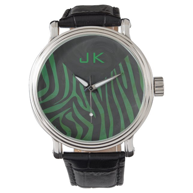 Zebra Monogram Black and Green Print Armbanduhr (Vorderseite)