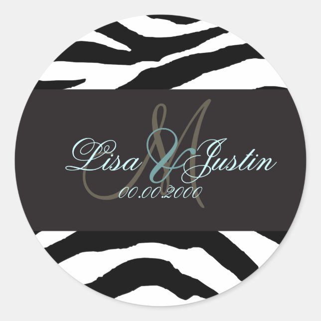 Zebra-Monogramm-Hochzeitsticker Runder Aufkleber (Vorderseite)