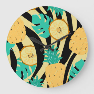 Zebra, Monstera, Ananas: Sommermuster. Große Wanduhr