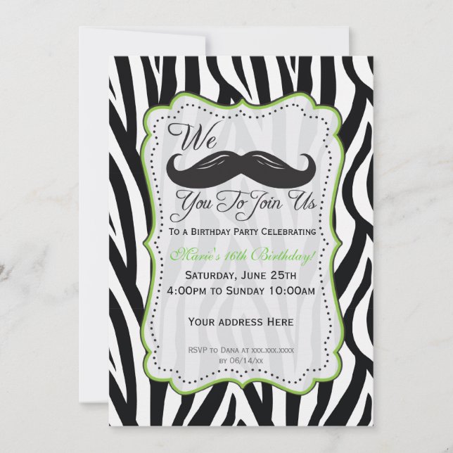 Zebra Mustache Birthday - Black & Lime Green Einladung (Vorderseite)
