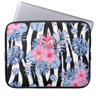 Zebra-Muster mit tropischem Hibiskus und Flamingos Laptopschutzhülle