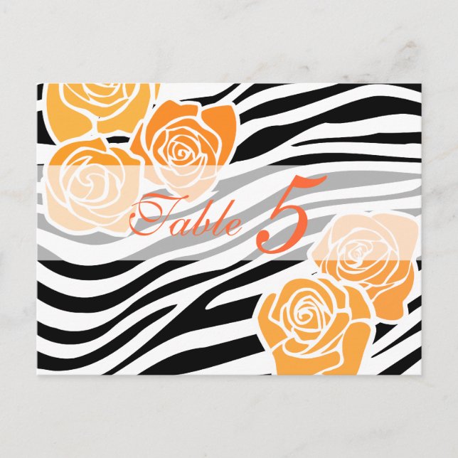 Zebra-Muster + orange Rosen Tischnummer Postkarte (Vorderseite)