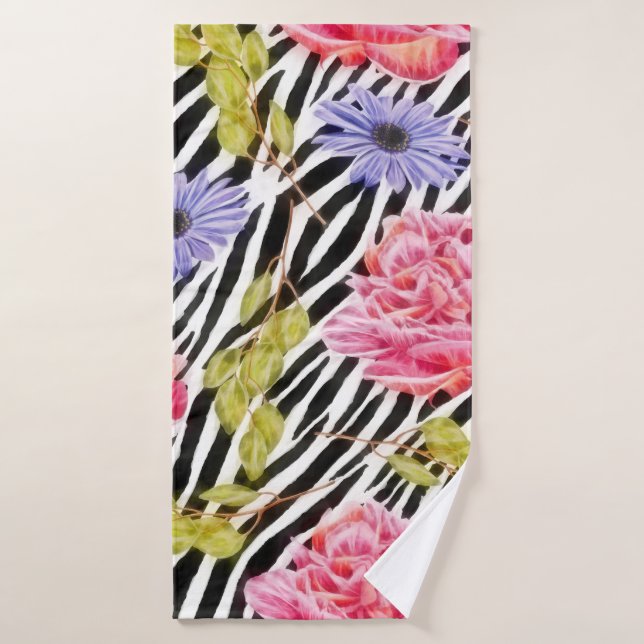 Zebra Muster Rosa Blume und Streifen Badehandtuch (Badehandtuch)