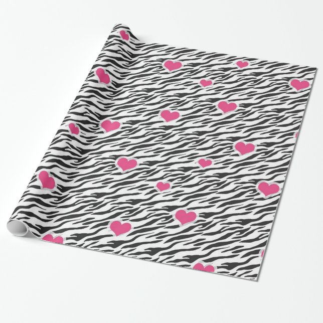 Zebra-Muster und rosa Herz-Umschlagpapier Geschenkpapier (Ungerollt)