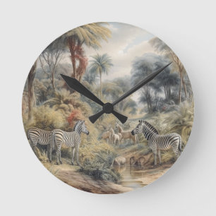 Zebra-Oase-Botanik-Safari-Homedekor-Kunst Runde Wanduhr