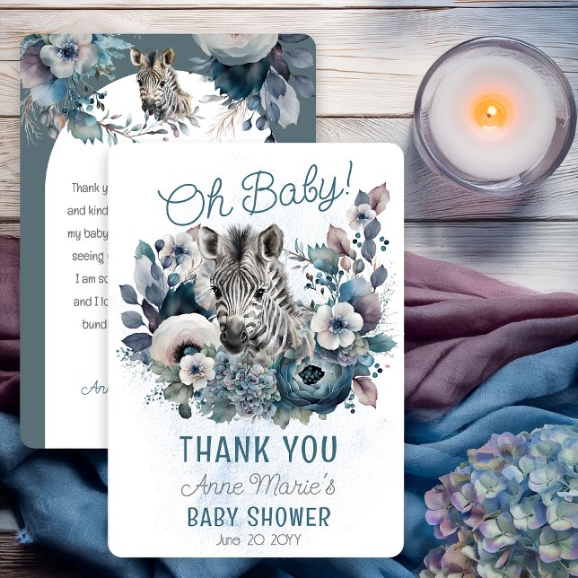 Zebra Oh Baby Blue Floral Baby Dusche Dankeskarte (Zebra "Oh Baby" Blue Floral Baby Shower Thank You Card)