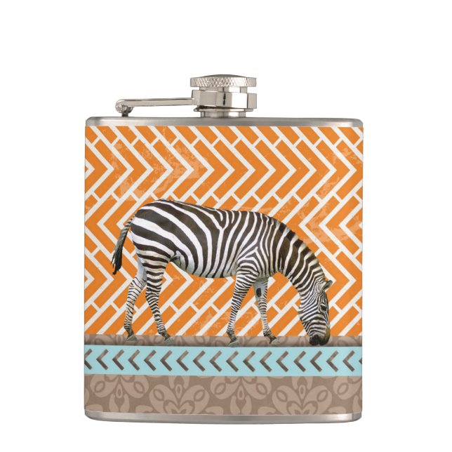 Zebra Orange Chevrons Tan Blue Hip Flask Flachmann (Vorderseite)