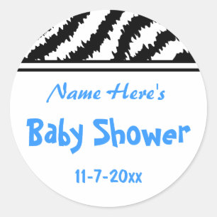 Zebra Pattern Baby Dusche. Blau, Schwarz und Weiß. Runder Aufkleber
