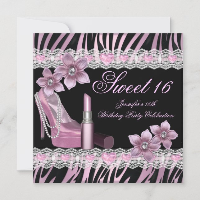 Zebra Pink Black 16 . Geburtstag 16 Party Lipstick Einladung (Vorderseite)