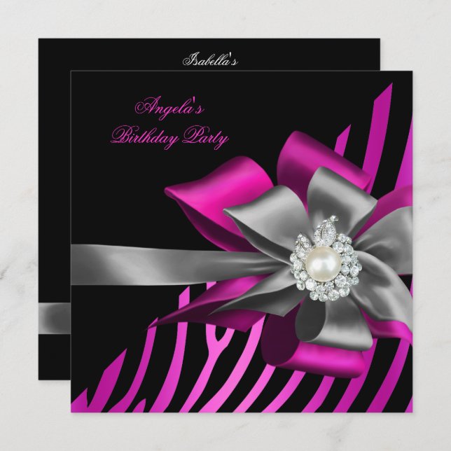 Zebra Pink Black Silver Bow Pearl Birthday Party Einladung (Vorne/Hinten)