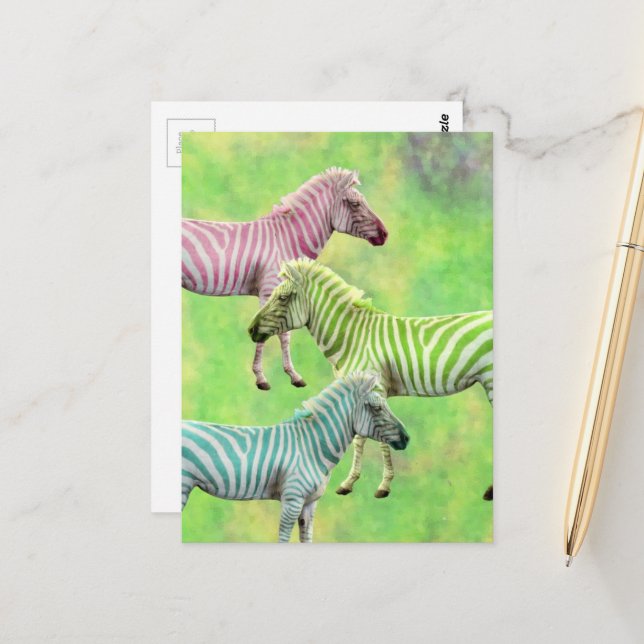 Zebra Pink Blue Green Postkarte (Vorderseite/Rückseite Beispiel)
