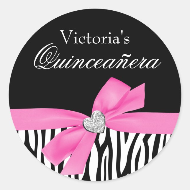 Zebra Pink Bow Diamond Quinceanera Runder Aufkleber (Vorderseite)