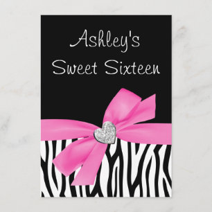 Zebra Pink Bow Diamond Sweet 16 Einladung