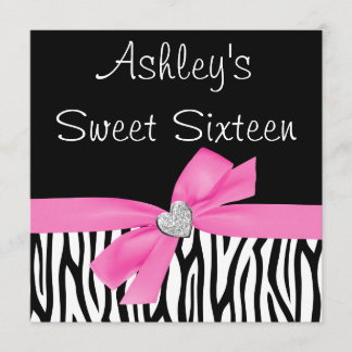 Zebra Pink Bow Diamond Sweet 16 Einladungen