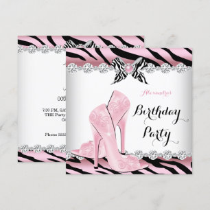 Zebra Pink Glamour High Heels Geburtstagsfeier 2 Einladung