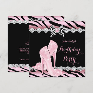 Zebra Pink Glamour High Heels Geburtstagsfeier 3 Einladung