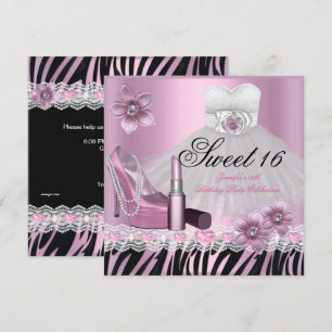 Zebra Pink Schwarz Sweet Sixteen 16 Kleid Lippenst Einladung