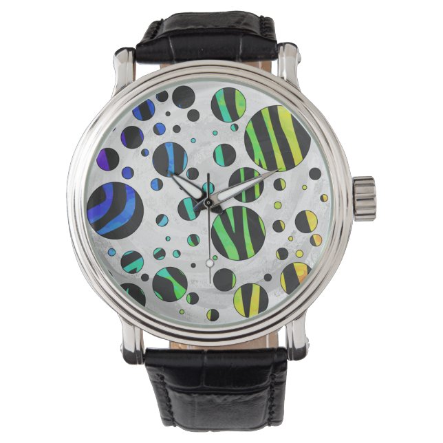 Zebra Polka Dot Black und Rainbow Print Armbanduhr (Vorderseite)