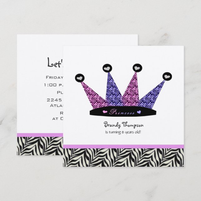 Zebra-Princess-Kronen-Party Einladungen (Vorne/Hinten)