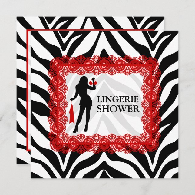 Zebra Print and Red Lace Lingerie Dusche Einladung (Vorne/Hinten)