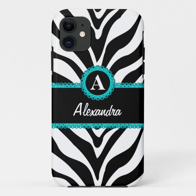 Zebra Print Aqua Lace Monogram Name Case-Mate iPhone Hülle (Rückseite)