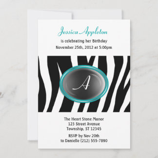 Zebra Print Aquamarin Glass Monogram Birthday Einladung