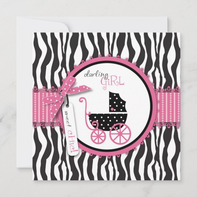 Zebra Print & Baby Carriage Baby Dusche Einladung (Vorderseite)