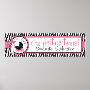 Zebra Print & Baby Carriage Baby Shower Banner Poster