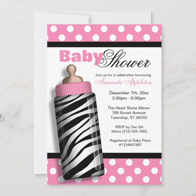 Zebra Print Baby Flasche Pink Baby Dusche Einladung (Vorderseite)