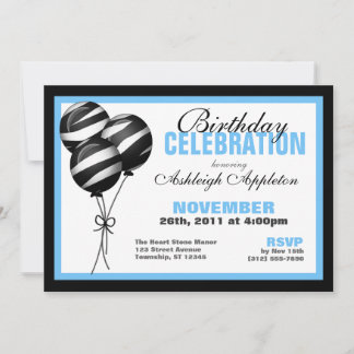 Zebra Print Balloons Light Blue Birthday Einladung