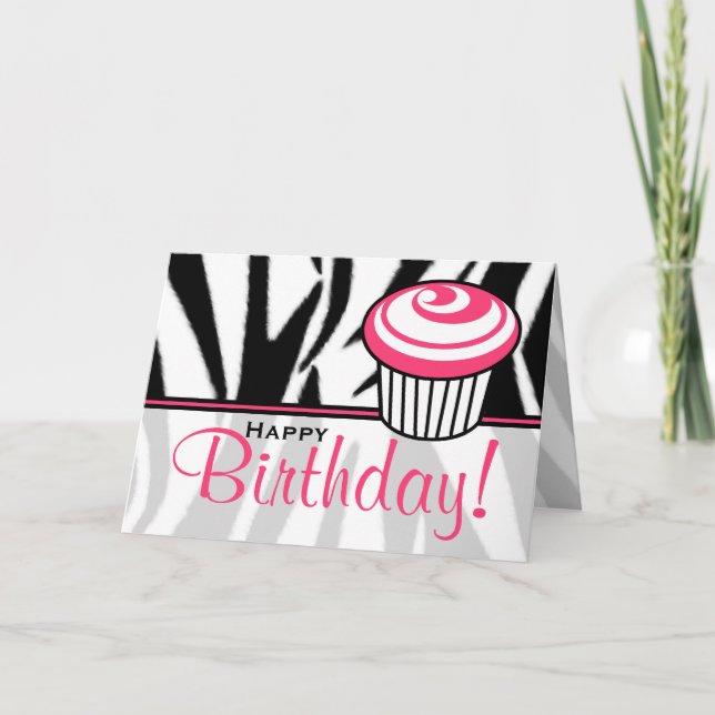 Zebra Print Birthday Card mit rosa Cupcake Karte (Vorderseite)