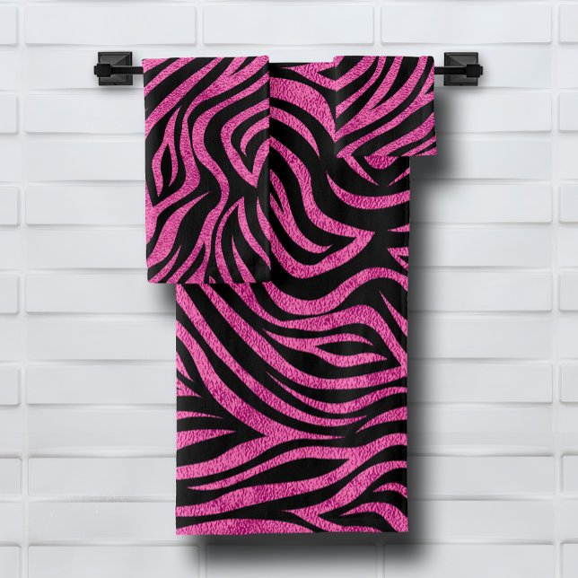 Zebra Print Black Hot Pink Badhandtuch Set (Zebra Print Black Hot Pink Bath Towel Set (white on reverse side), buy pieces separately, too.)