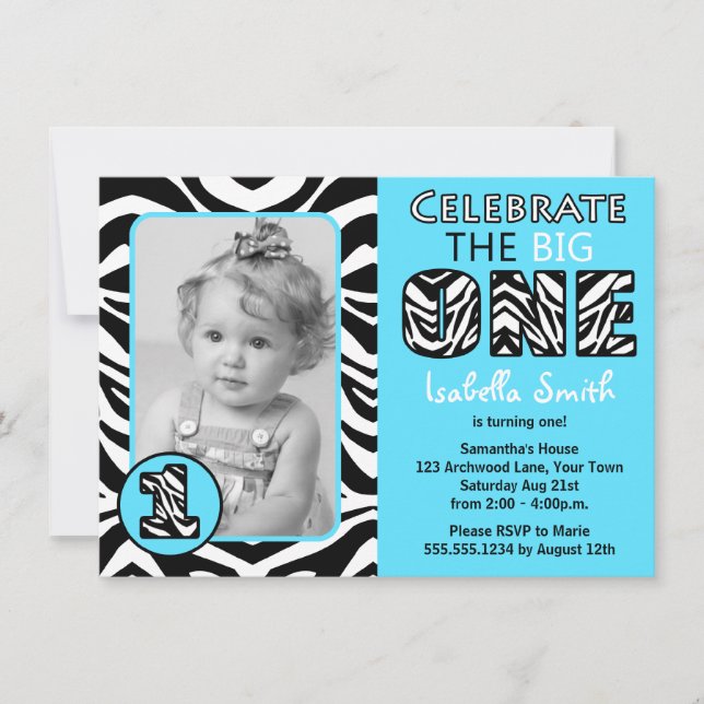 Zebra Print Blue Erster Geburtstag Einladung (Vorderseite)