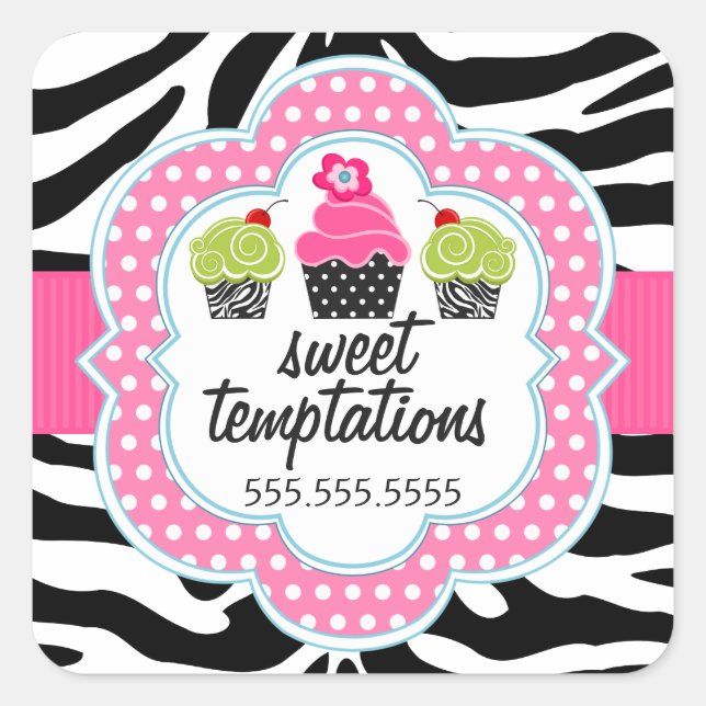 Zebra Print Cupcake Bakery Business Quadratischer Aufkleber (Vorderseite)