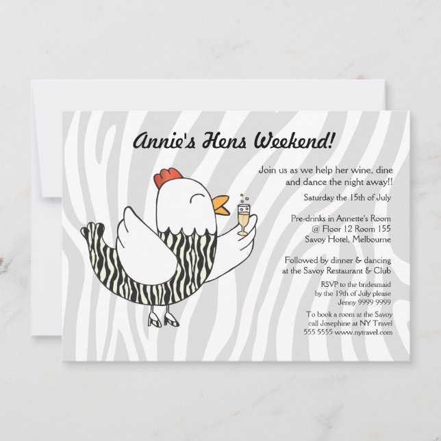 Zebra Print Funny Hen - Hens Party Bachelorette Einladung (Vorderseite)