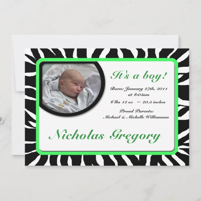 Zebra Print Green Birth Ankündigungen (Vorderseite)