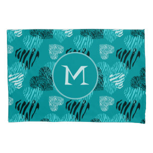 Zebra Print Hearts Aquamarin White Monogram Kissenbezug