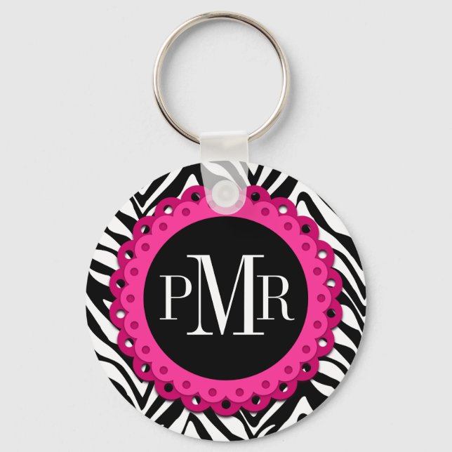 Zebra Print Hot Pink Lace Monogram Personalisiert Schlüsselanhänger (Vorderseite)