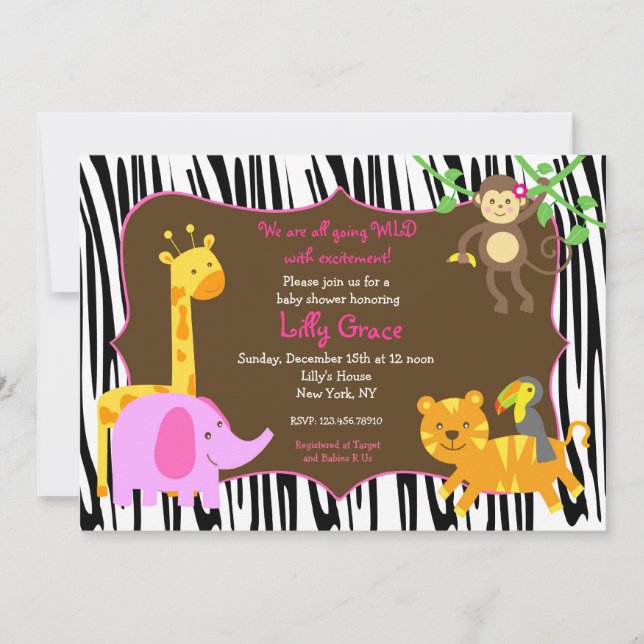 Zebra Print Jungle Safari Animal Baby Dusche Einladung (Vorderseite)