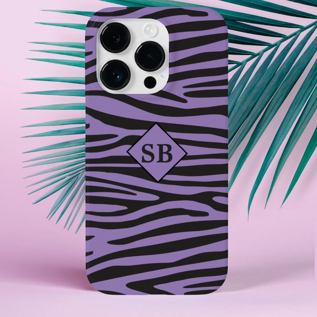 Zebra Print Lila Black Stripes Mit Monogramm Case-Mate iPhone Hülle (A purple and black zebra print phone case with space for your initials)